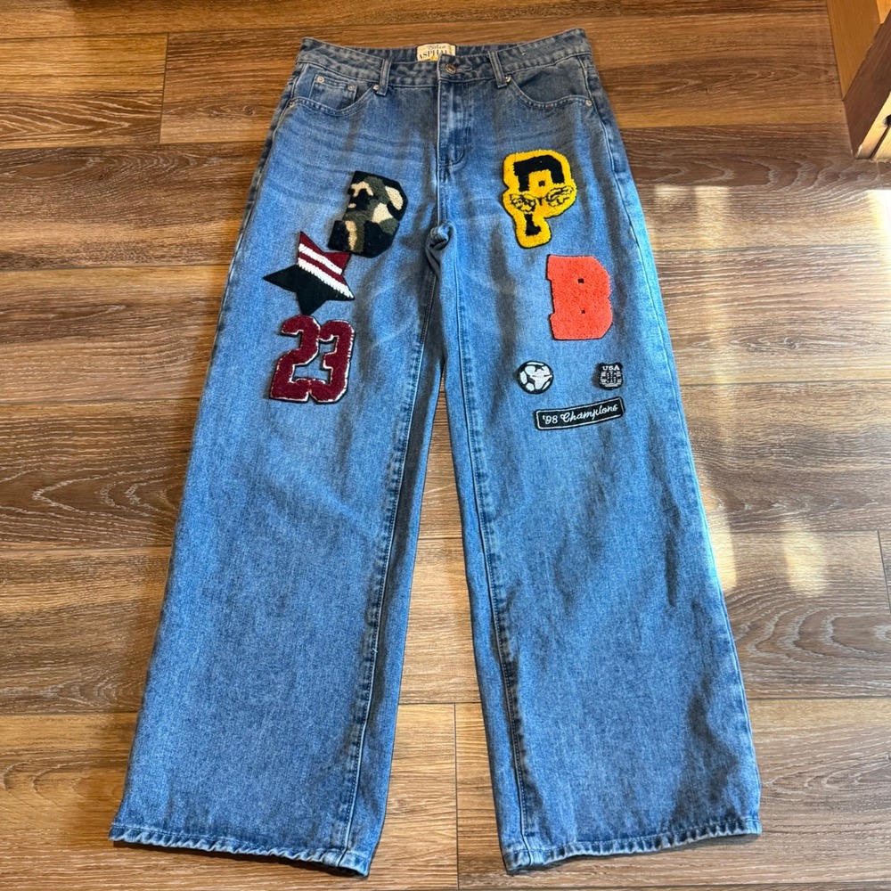 Blue Asphalt Wide Leg Patched Jeans Blue Varsity Chenille High Rise Womens 31x29